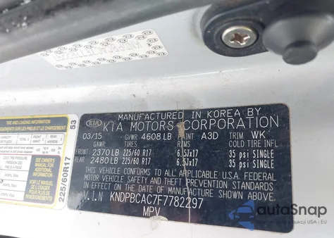 2015 Kia Sportage Lx z USA, uszkodzony, nr VIN KNDPBCAC7F7782297